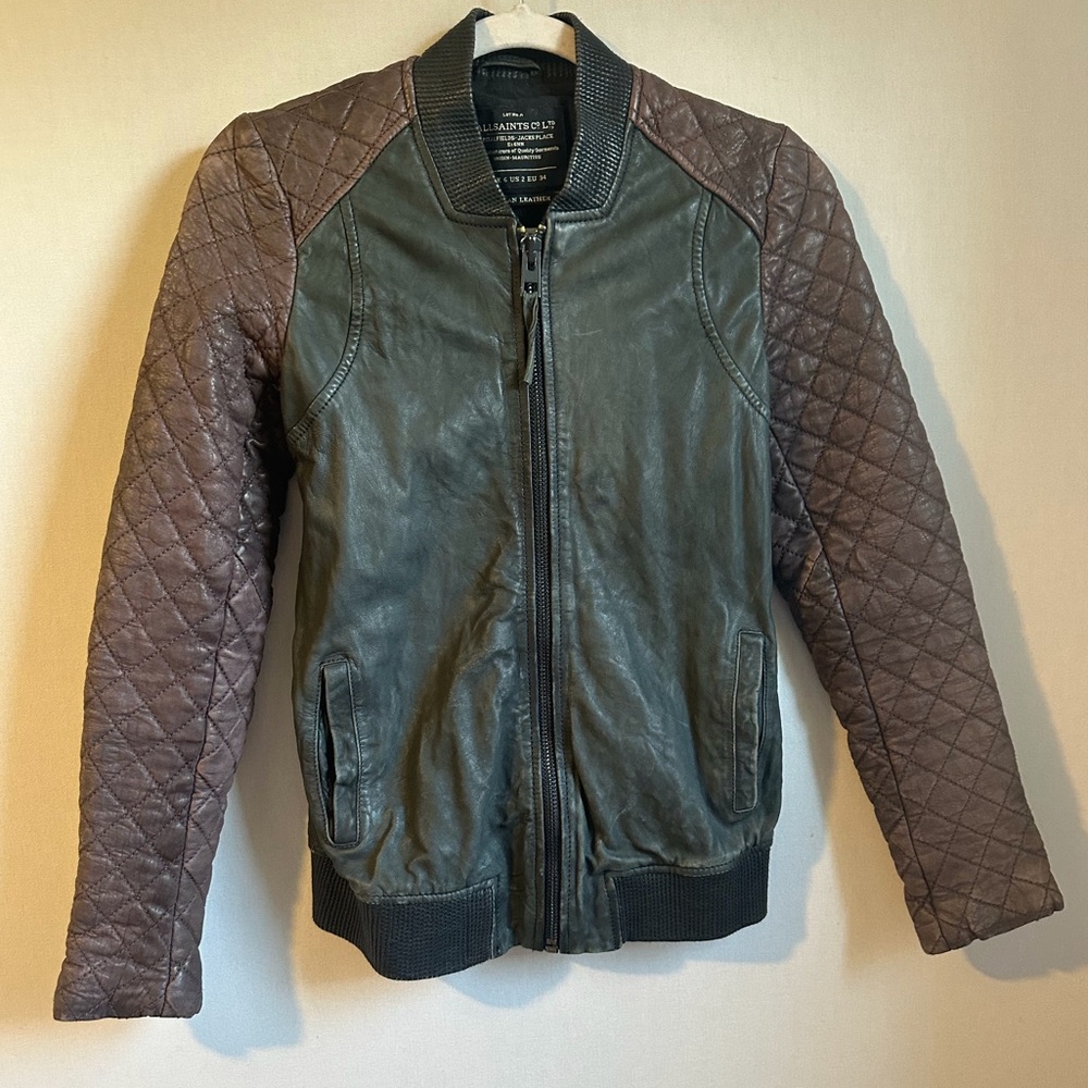 AllSAINT  womens BLK Rixey Leather Bomber Jacket with Quilted Sleeves. Size 2.